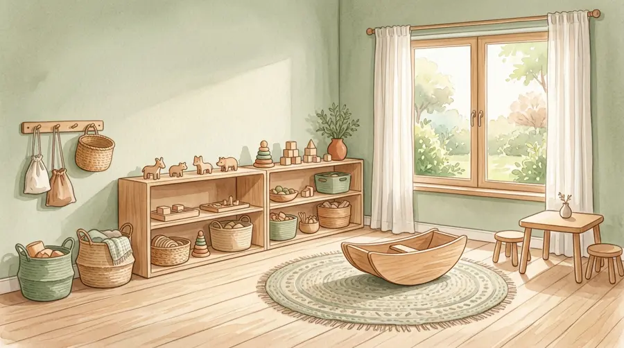 Liebevoll vorbereitete Montessori-Spielumgebung mit Naturmaterialien